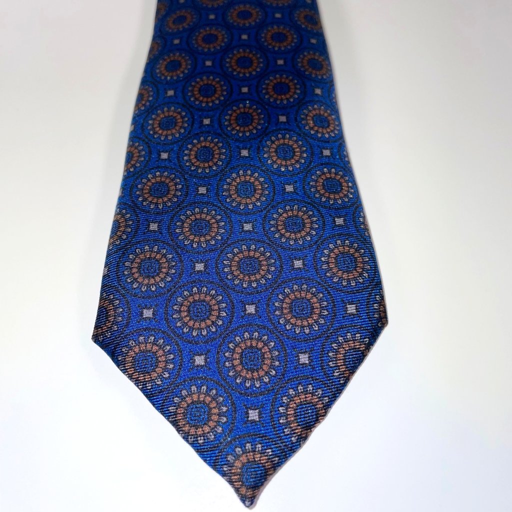 Silk Prada Narrow Tie In Blue W/Gold, Black & Beige Geometric/Floral Design